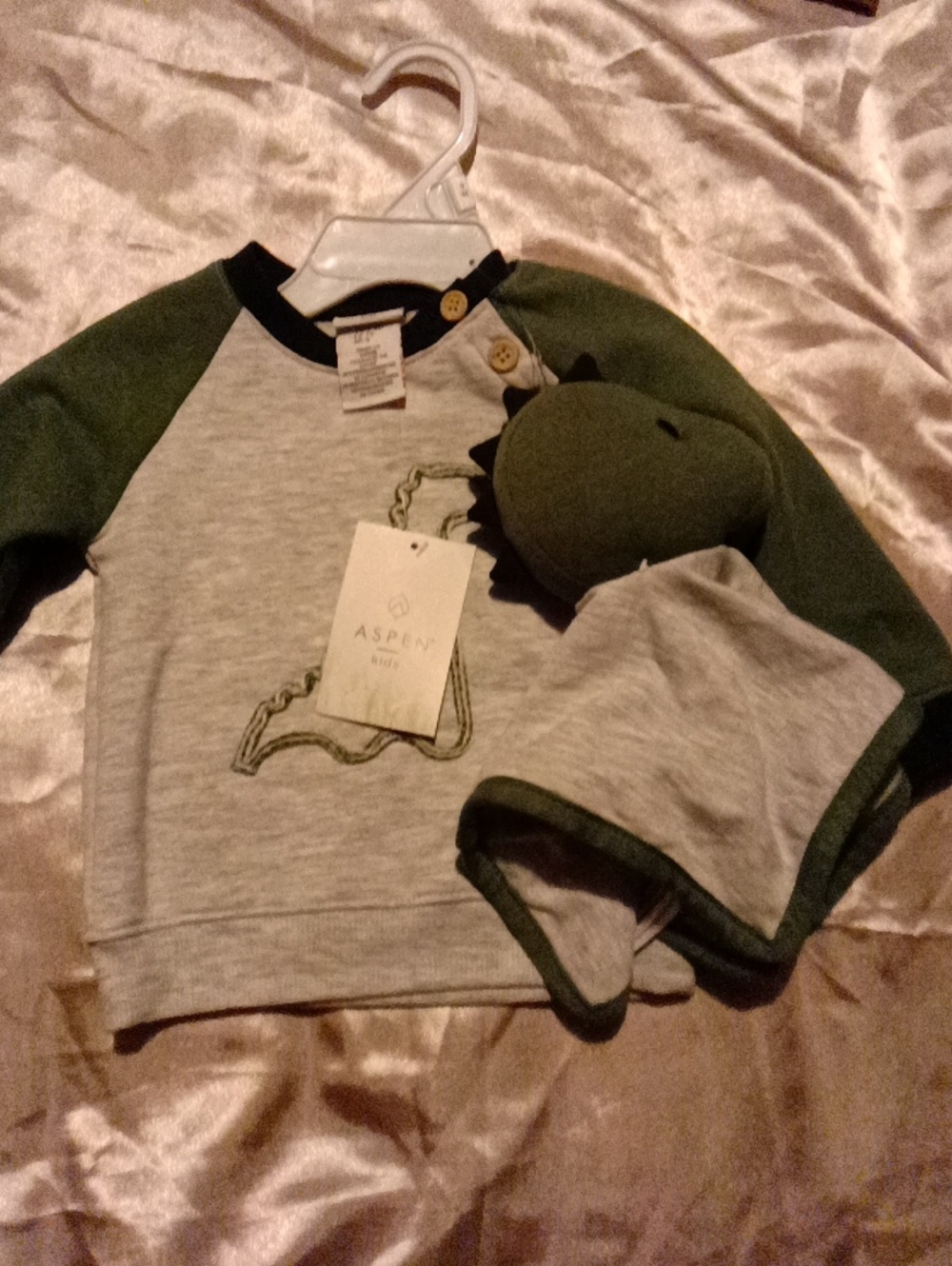 Aspen Kids Green & Heather Gray Dino Raglan Top with Toy